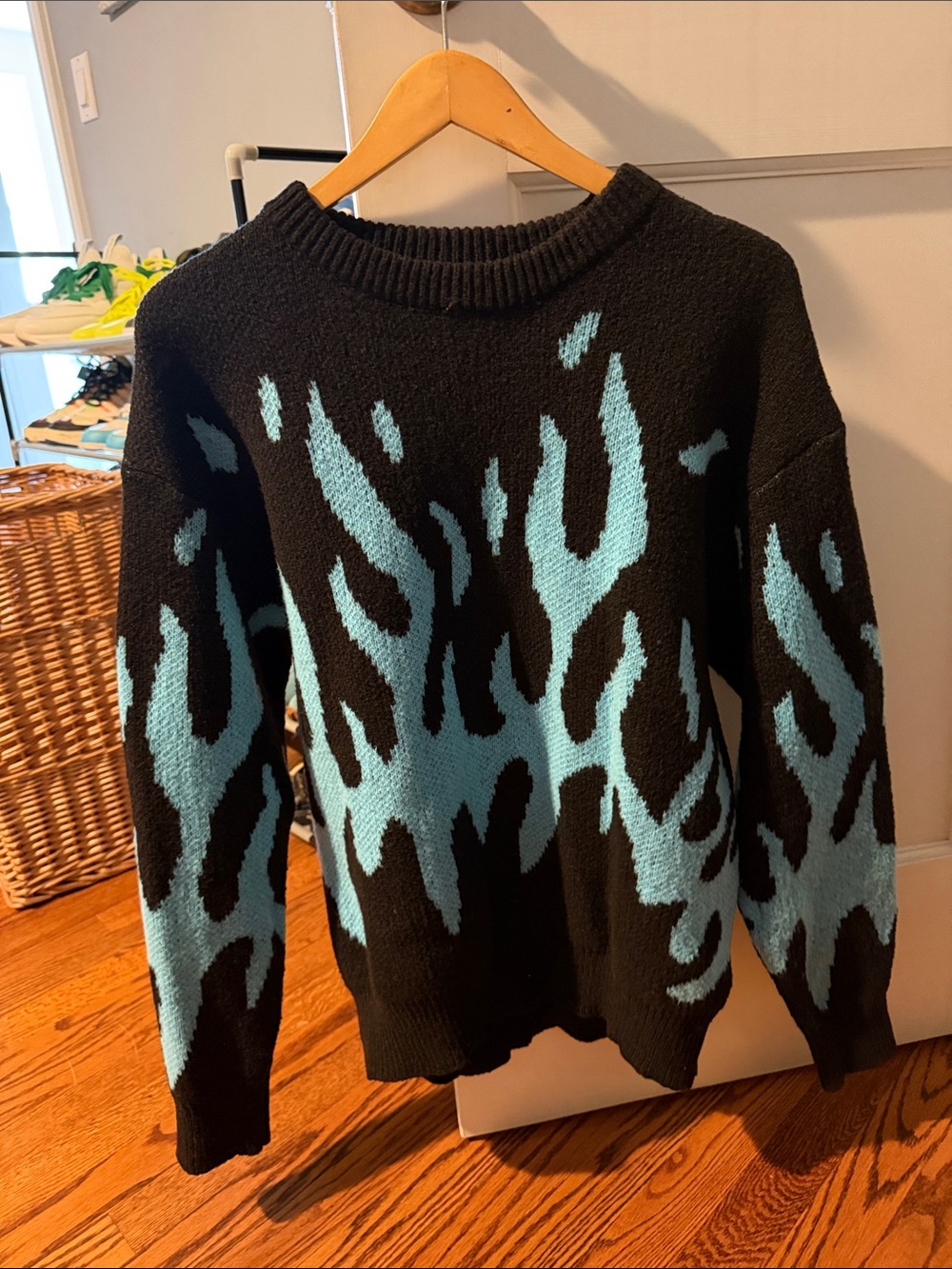 Men's Black Crewneck Sweater with Aqua Flame Pattern